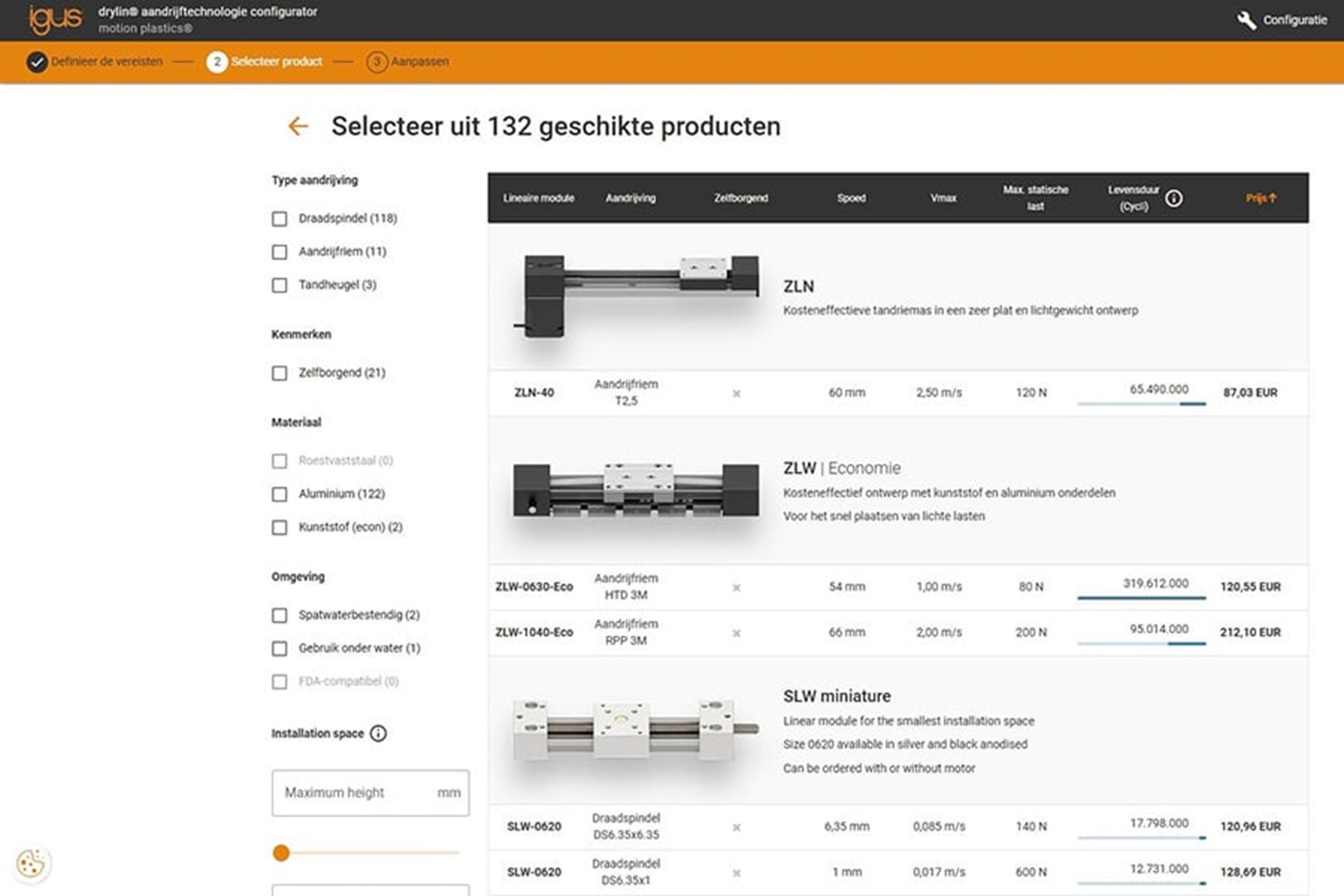 Eén van de vele online configuratoren: de drylin® aandrijftechniek configurator.